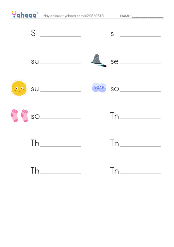 Write the word rows worksheet for S, s, super seal and 9 more