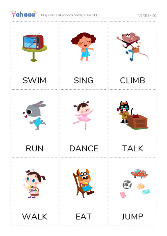 Picture flashcards worksheet for VERBS - G1