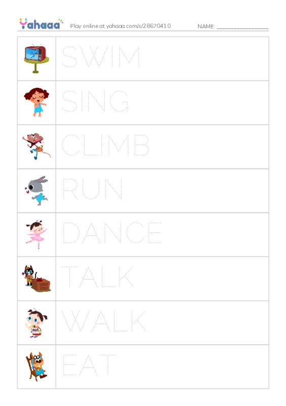 Picture and word rows worksheet for VERBS - G1