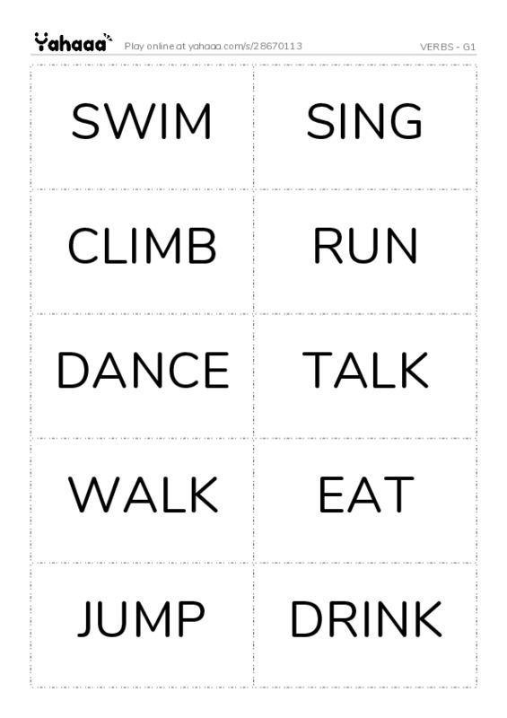 Word flashcards worksheet for VERBS - G1