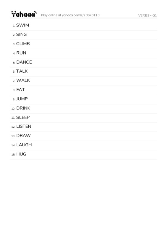 Word list with meanings worksheet for VERBS - G1