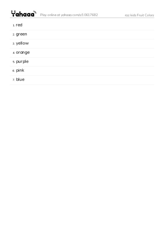 Word list with meanings worksheet for raz kids Fruit Colors