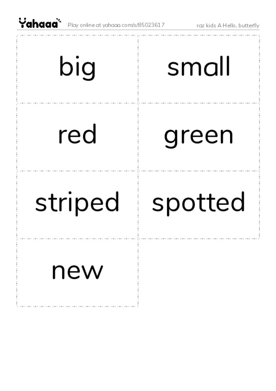 Word flashcards worksheet for raz kids A Hello, butterfly