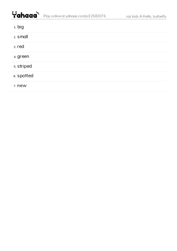 Word list with meanings worksheet for raz kids A Hello, butterfly