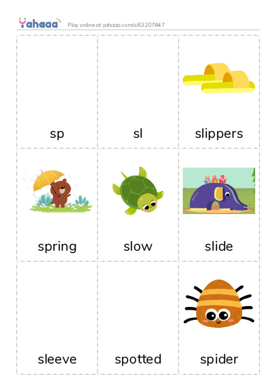 Picture flashcards worksheet for sp, sl, slippers and 7 more