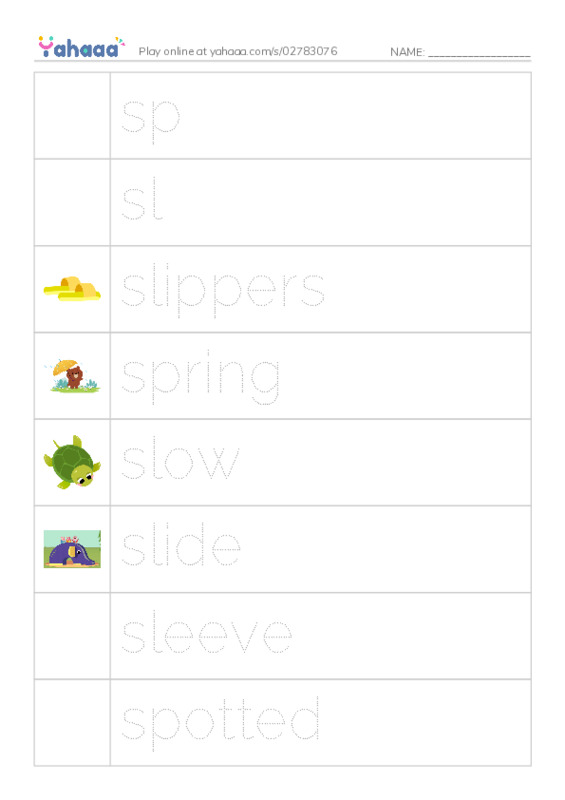 Picture and word rows worksheet for sp, sl, slippers and 7 more