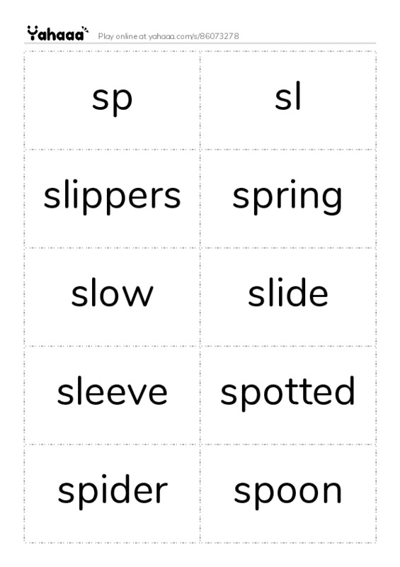 Word flashcards worksheet for sp, sl, slippers and 7 more