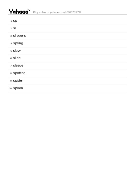 Word list with meanings worksheet for sp, sl, slippers and 7 more