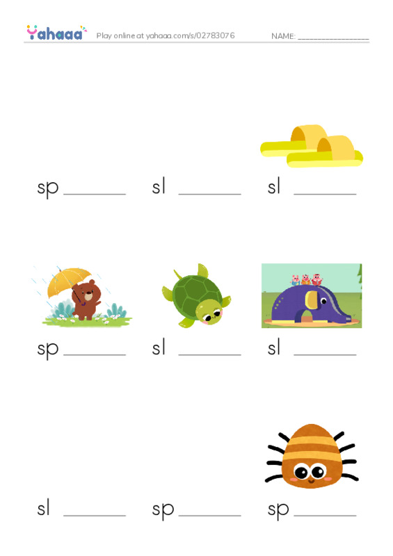Finish the word worksheet for sp, sl, slippers and 7 more