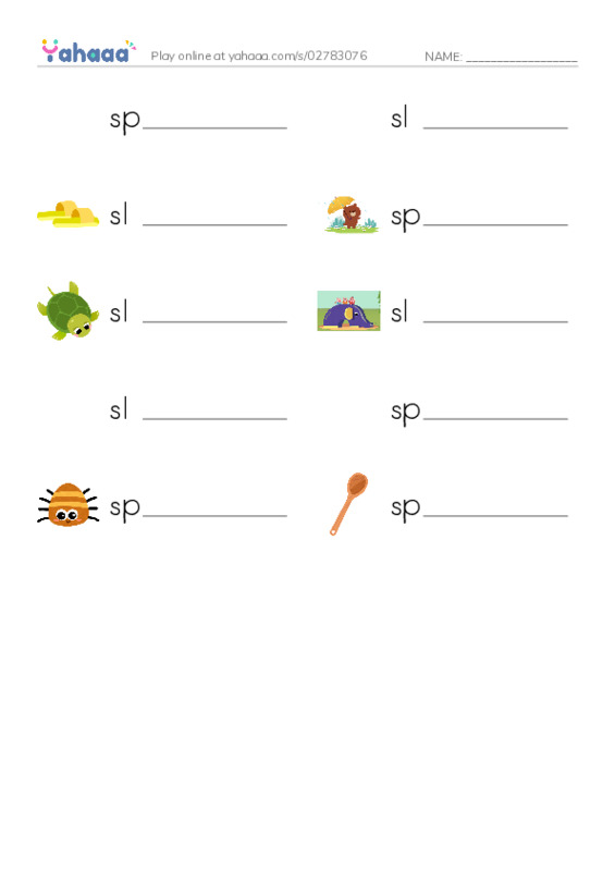 Write the word rows worksheet for sp, sl, slippers and 7 more