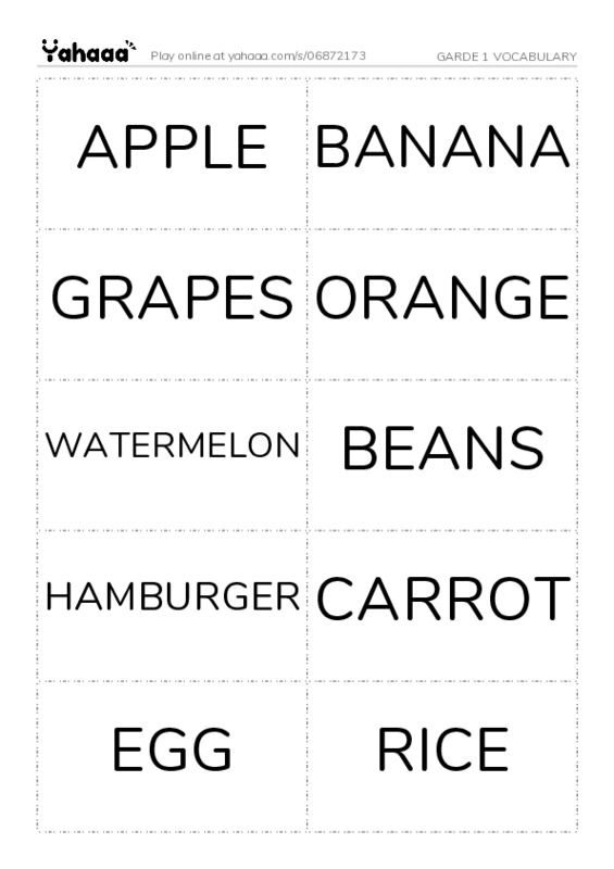 Word flashcards worksheet for GARDE 1 VOCABULARY