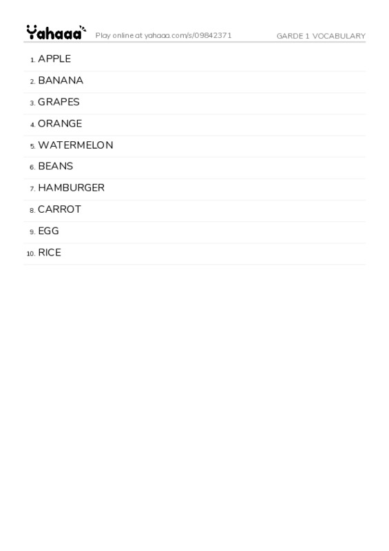 Word list with meanings worksheet for GARDE 1 VOCABULARY