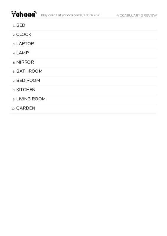 Word list with meanings worksheet for VOCABULARY 2 REVIEW