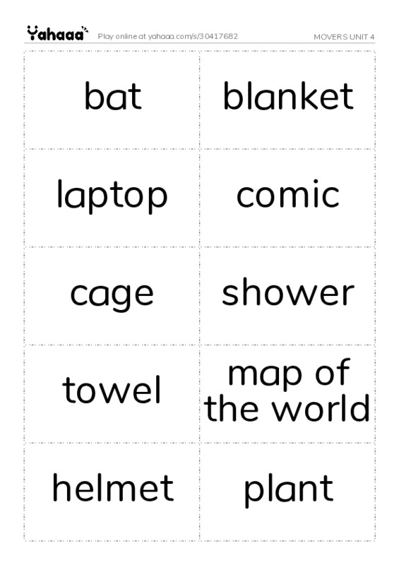 Word flashcards worksheet for MOVERS UNIT 4