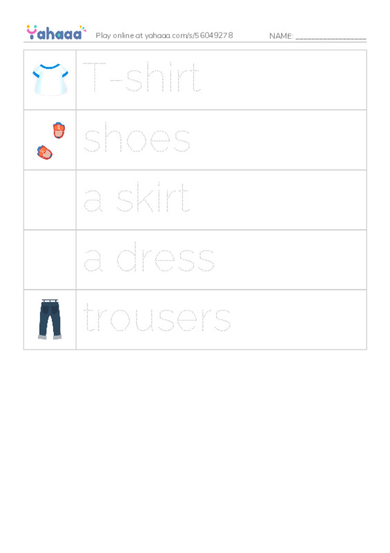 Picture and word rows worksheet for clothes