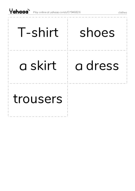 Word flashcards worksheet for clothes