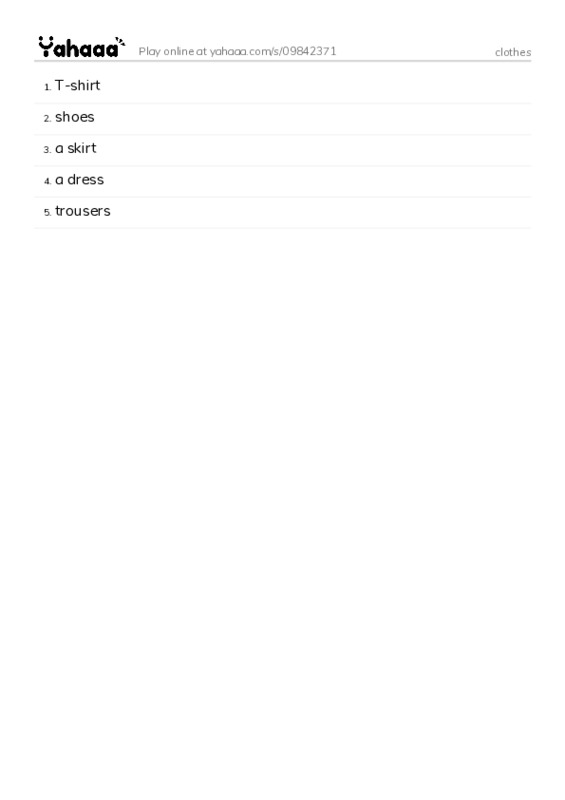 Word list with meanings worksheet for clothes