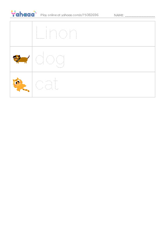 Picture and word rows worksheet for Animal