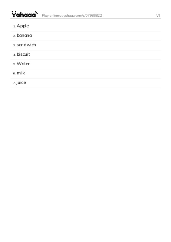 Word list with meanings worksheet for V1