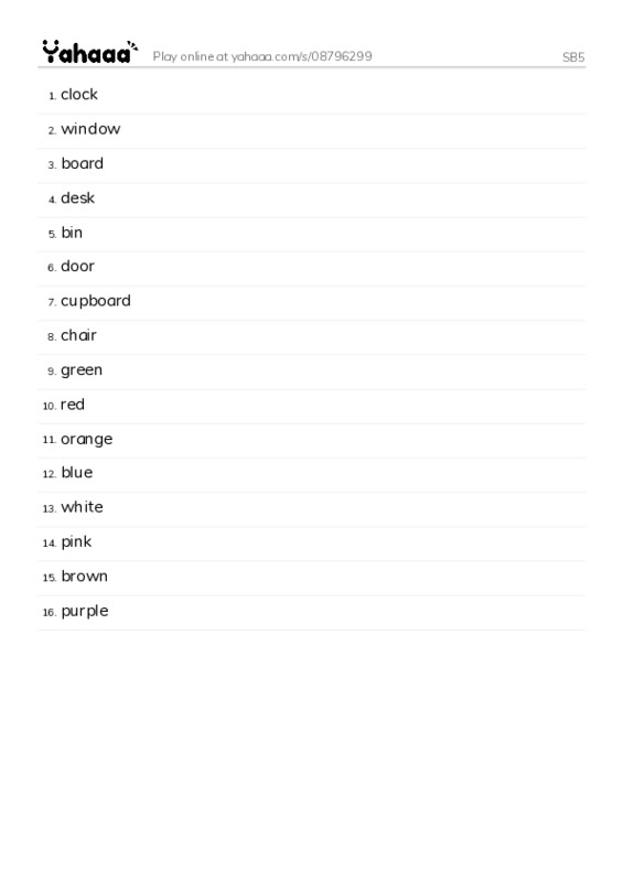 Word list with meanings worksheet for SB5