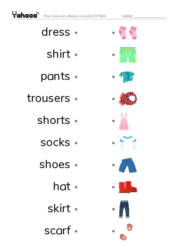 Draw a line to match worksheet for Clothes