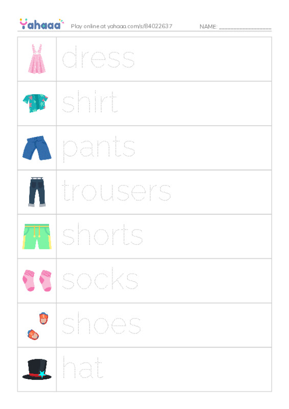 Picture and word rows worksheet for Clothes