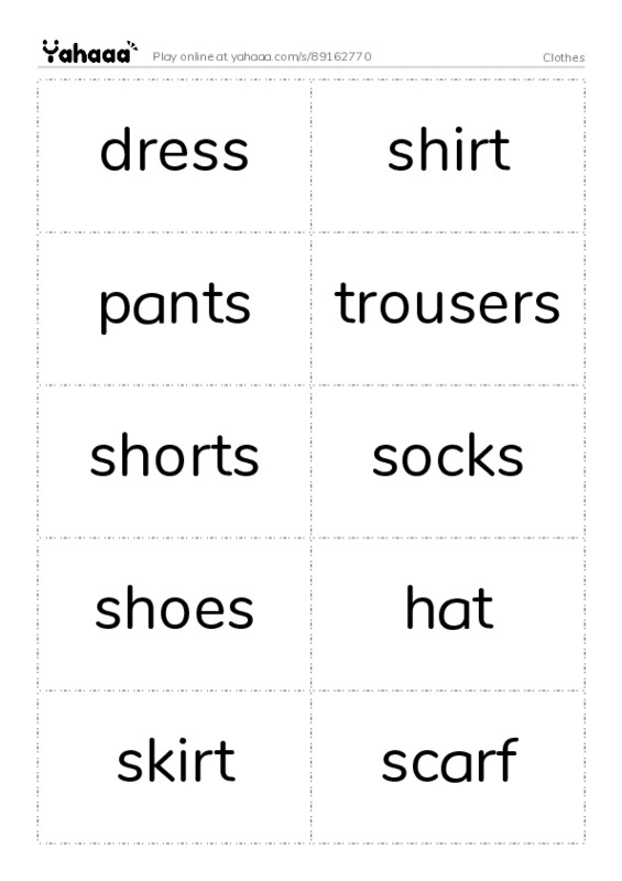 Word flashcards worksheet for Clothes