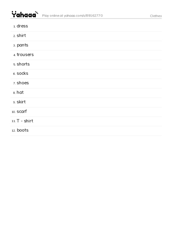 Word list with meanings worksheet for Clothes