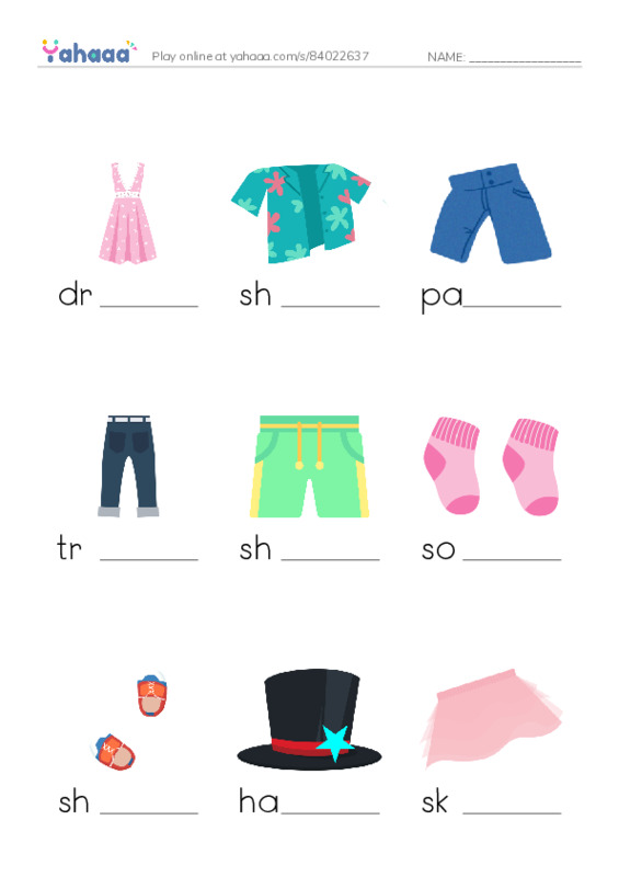 Finish the word worksheet for Clothes