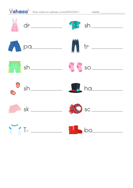 Write the word rows worksheet for Clothes