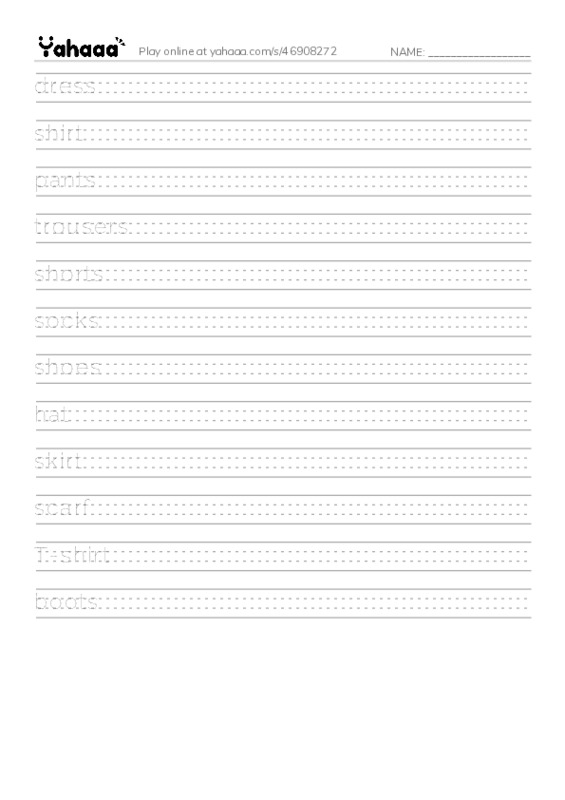 Handwriting lines worksheet for Clothes