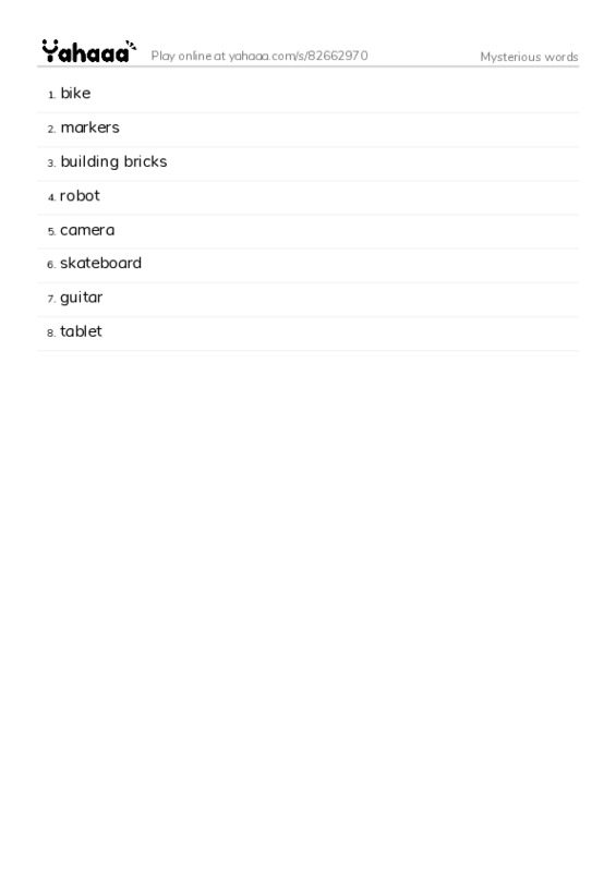 Word list with meanings worksheet for Mysterious words