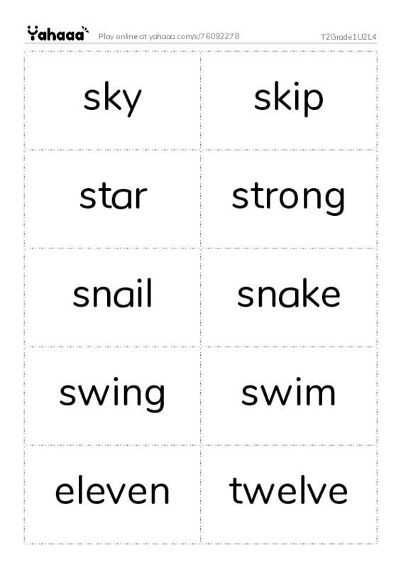 Word flashcards worksheet for T2Grade1U2L4