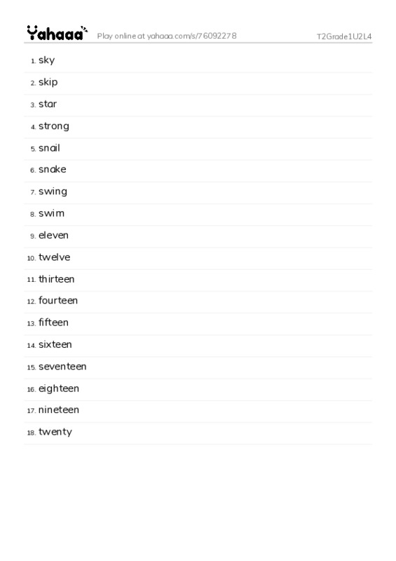 Word list with meanings worksheet for T2Grade1U2L4