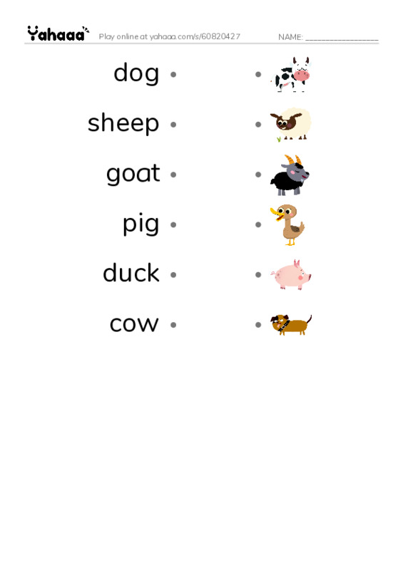 Draw a line to match worksheet for Farm animals