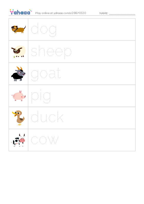 Picture and word rows worksheet for Farm animals
