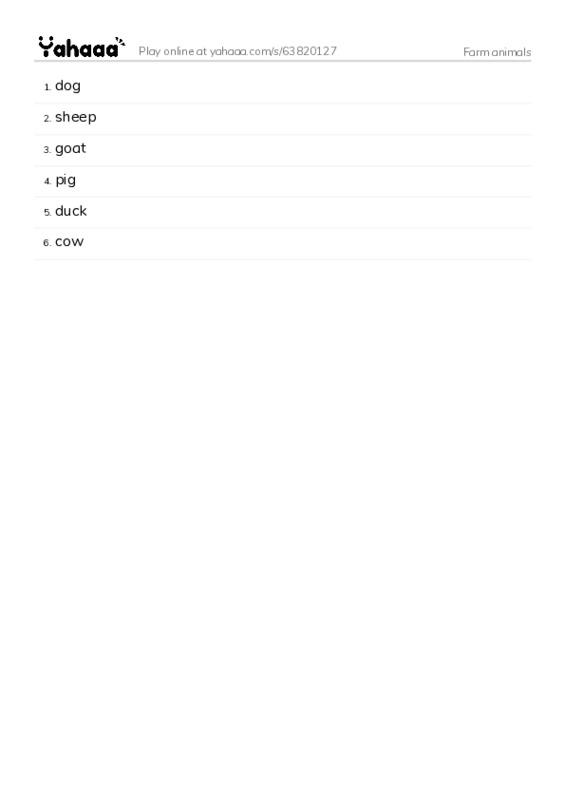 Word list with meanings worksheet for Farm animals