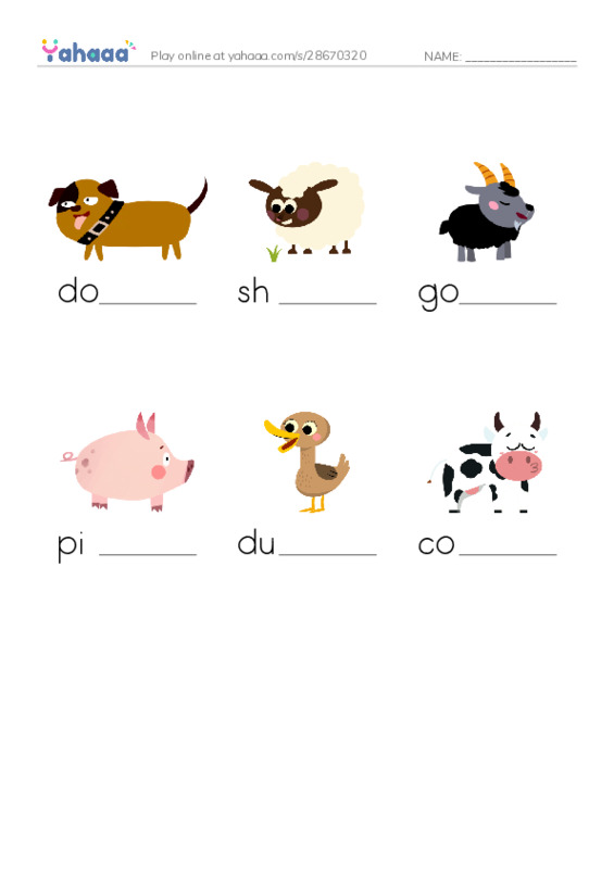 Finish the word worksheet for Farm animals
