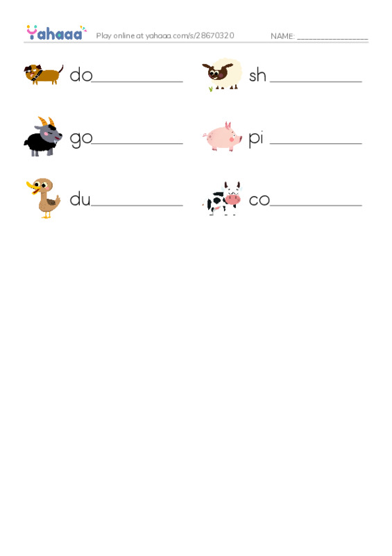 Write the word rows worksheet for Farm animals