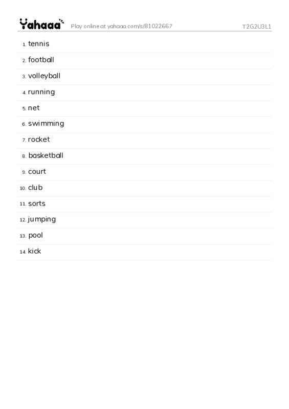 Word list with meanings worksheet for T2G2U3L1