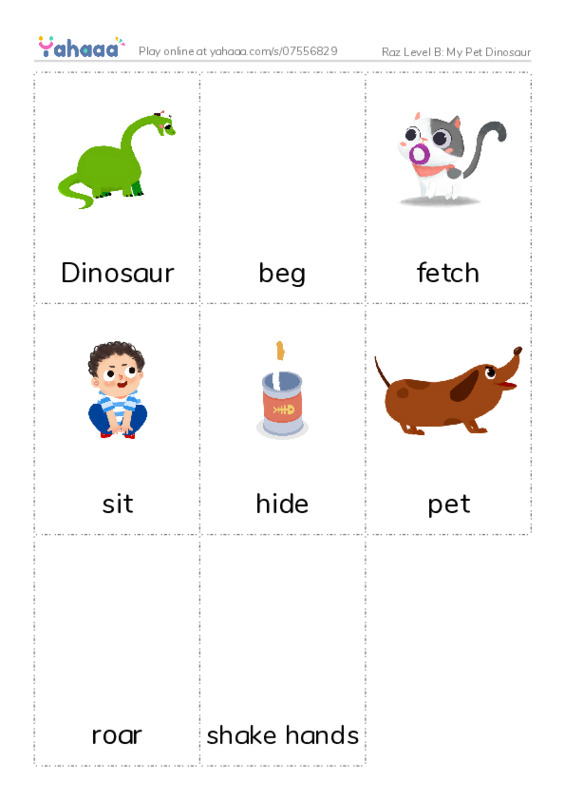 Picture flashcards worksheet for Raz Level B: My Pet Dinosaur