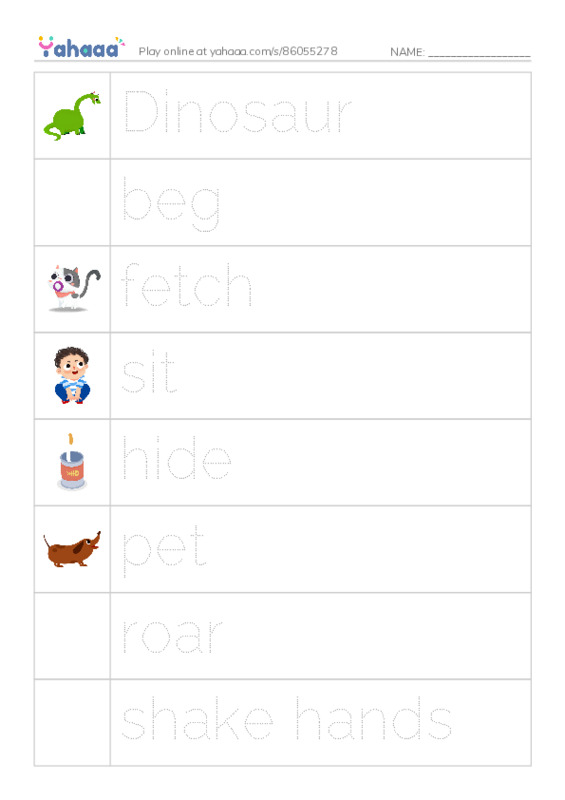 Picture and word rows worksheet for Raz Level B: My Pet Dinosaur