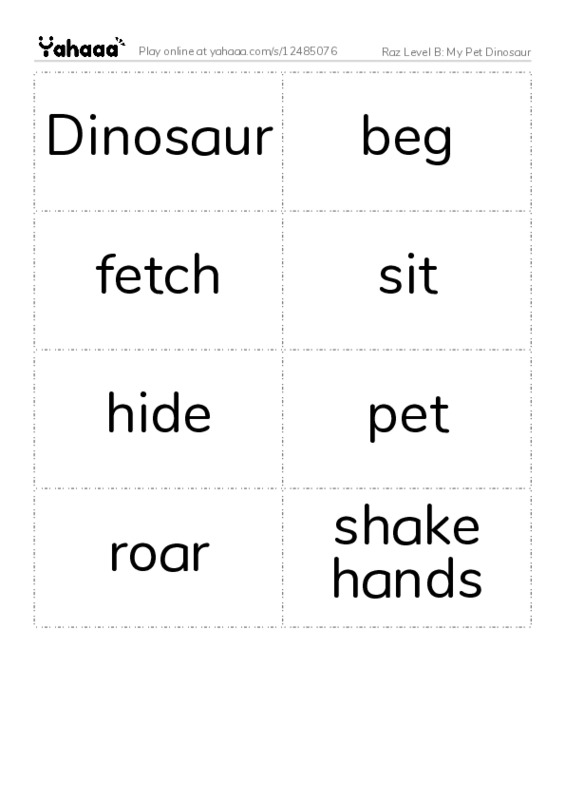 Word flashcards worksheet for Raz Level B: My Pet Dinosaur
