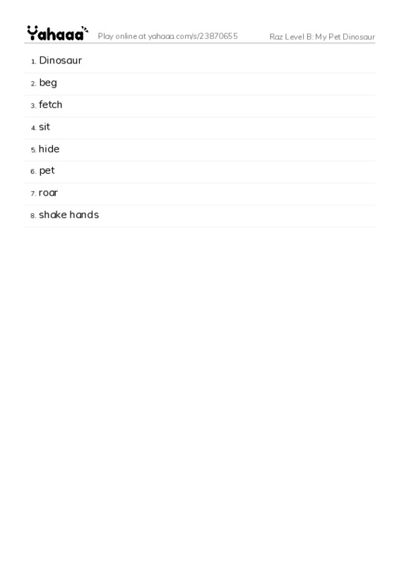 Word list with meanings worksheet for Raz Level B: My Pet Dinosaur