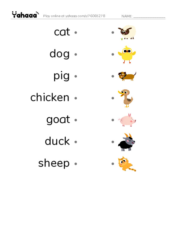 Draw a line to match worksheet for Farm animals
