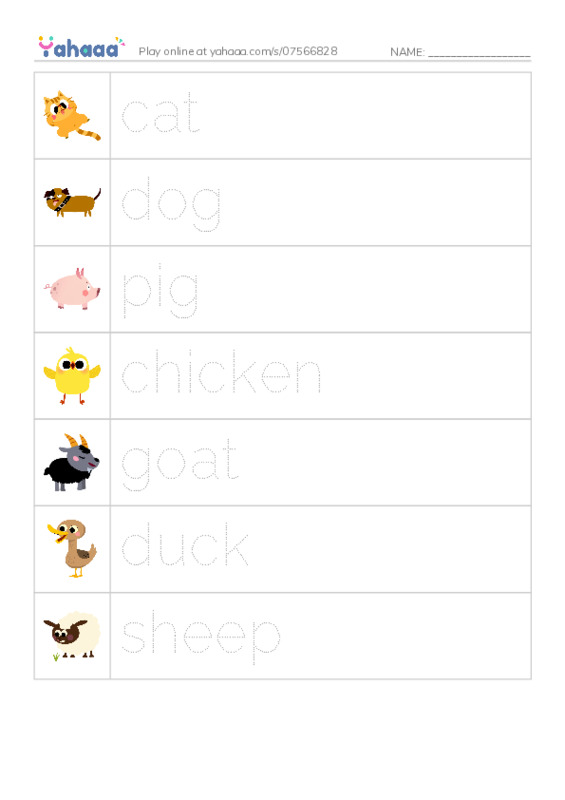 Picture and word rows worksheet for Farm animals