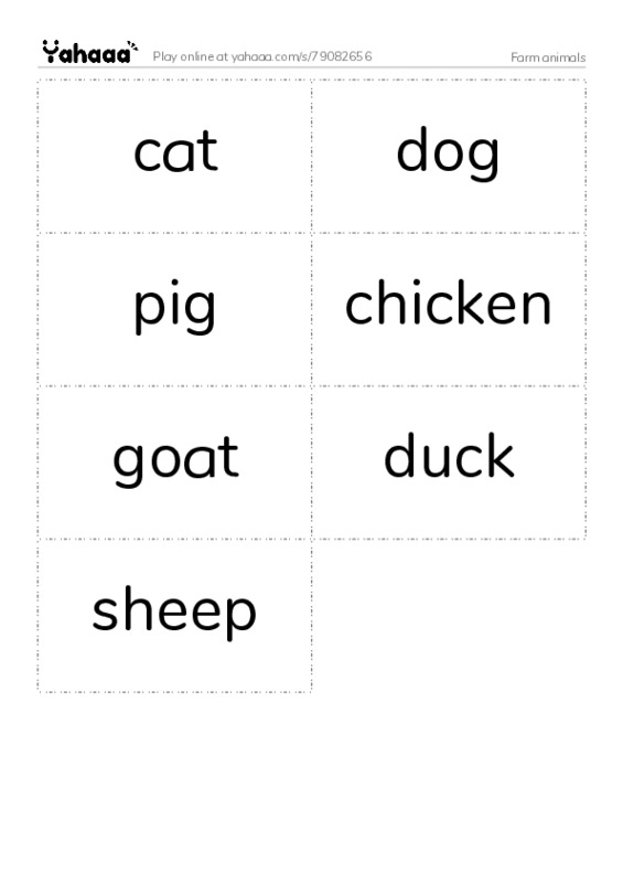 Word flashcards worksheet for Farm animals