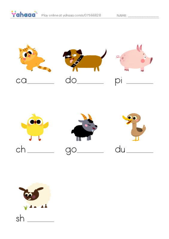 Finish the word worksheet for Farm animals