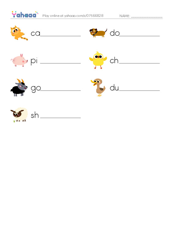 Write the word rows worksheet for Farm animals