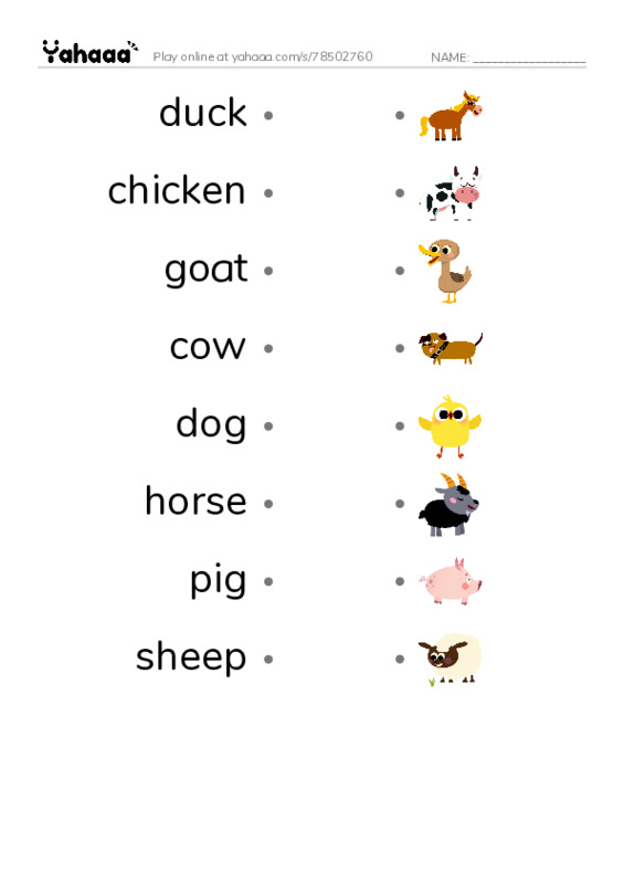 Draw a line to match worksheet for Farm animals